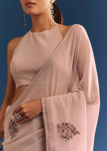 Grey Georgette Floral Resham Embroidered Saree