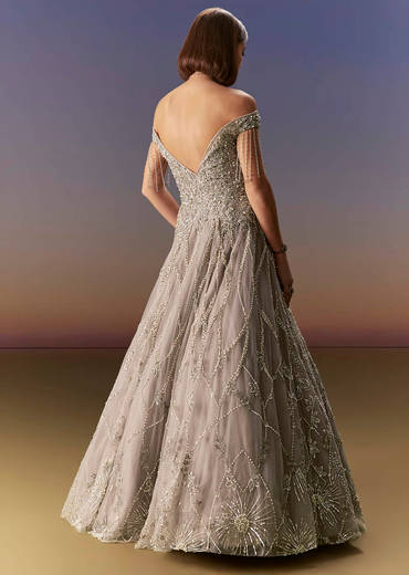 Grey Gown Off Shoulder With Silver Embroidery