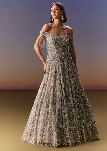 Grey Gown Off Shoulder With Silver Embroidery
