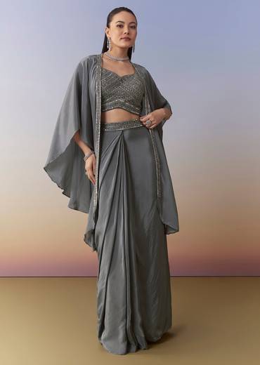 Grey Indo Western Embellished Crop Top Cape Set