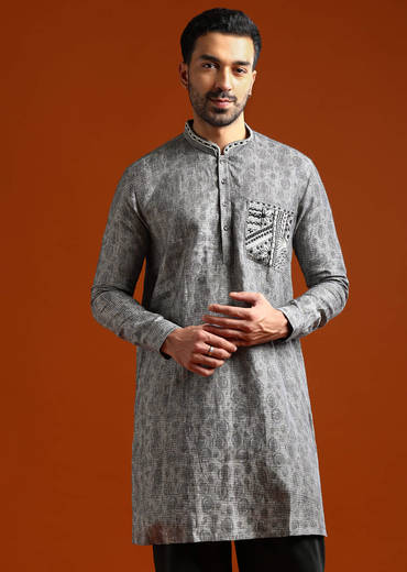 Grey Kurta Set For Men With Resham Embroidery