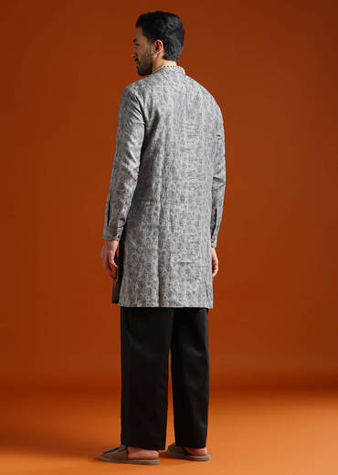 Grey Kurta Set For Men With Resham Embroidery