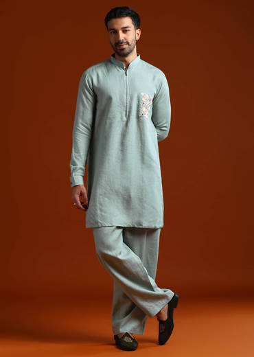 Grey Kurta Set For Men With Resham Work