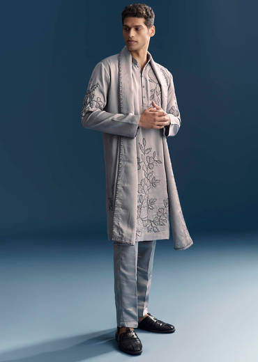 Grey Kurta Set For Men With Thread And French Knot Embroidery