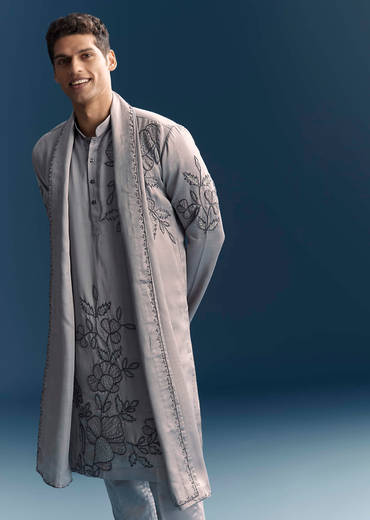 Grey Kurta Set For Men With Thread And French Knot Embroidery