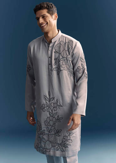 Grey Kurta Set For Men With Thread And French Knot Embroidery