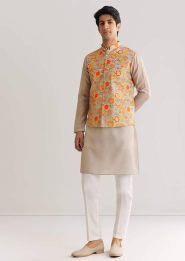 Grey Kurta Set With Floral Printed Jacket