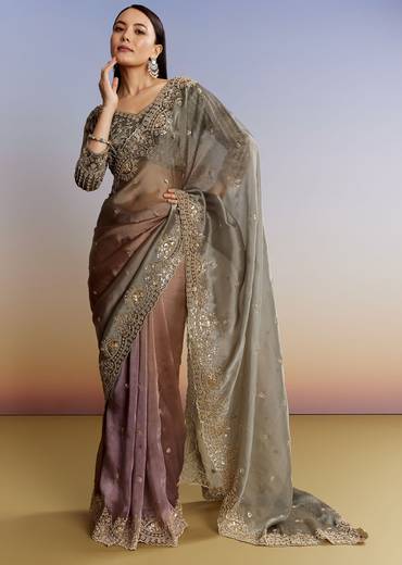 Grey Lavender Shaded Tissue Saree With Heavy Blouse Embroidery