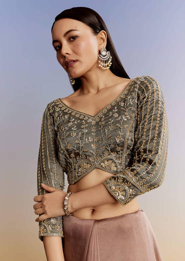 Grey Lavender Shaded Tissue Saree With Heavy Blouse Embroidery