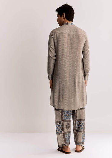 Grey Linen Kurta Set With Ajrakh Print