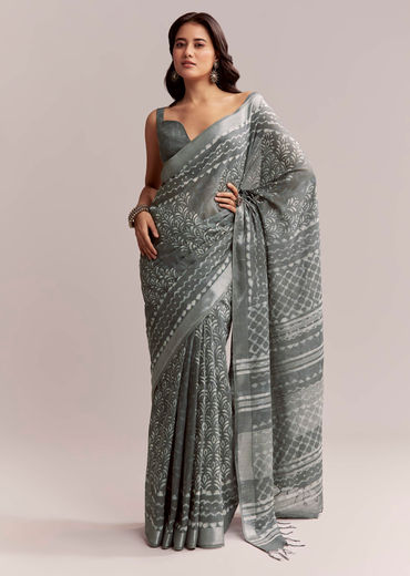 Grey Linen Printed Saree With Authentic Ajrakh Geometric Print