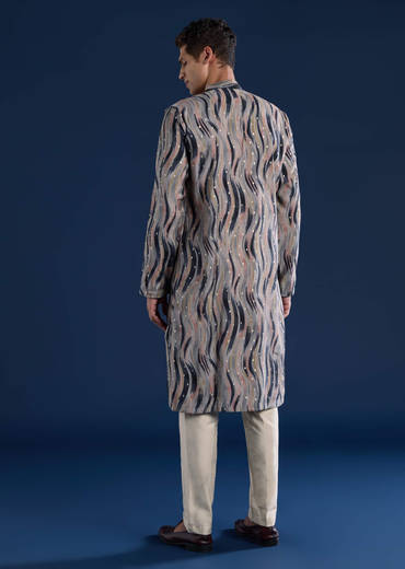 Grey Moti Embroidered Mens Kurta and Pant Set