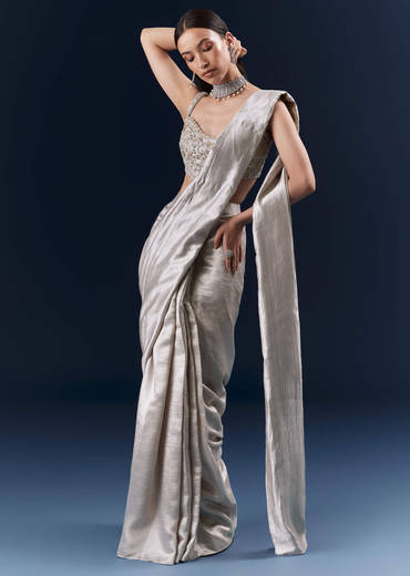 Grey Net Ready Pleated Saree With Embroidery