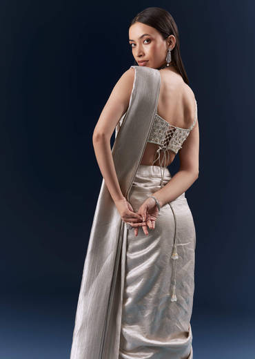 Grey Net Ready Pleated Saree With Embroidery