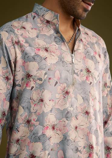 Grey Pashmina Silk Kurta Set With Floral Print