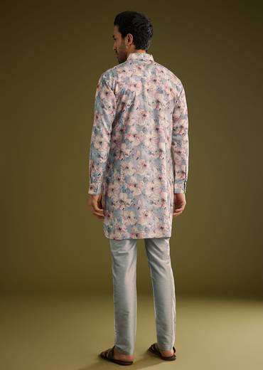 Grey Pashmina Silk Kurta Set With Floral Print