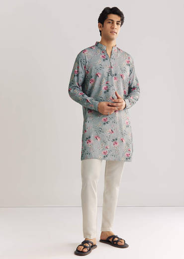 Grey Pashmina Zipper Kurta Set With Floral Prints