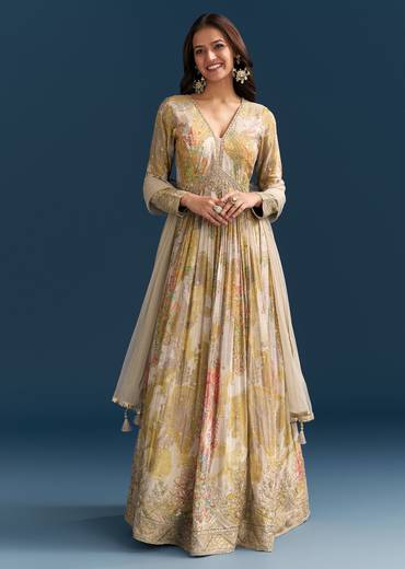 Grey Printed Chinon Anarkali Suit With Zari Work