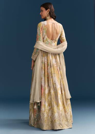 Grey Printed Chinon Anarkali Suit With Zari Work