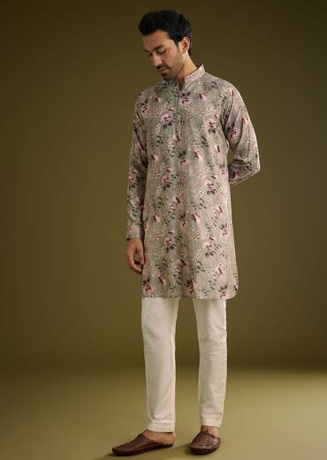 Grey Printed Kurta Set In Russian Silk With Zipper