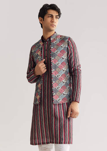 Grey Rawsilk Jacket Kurta Set With Cut Dana And Stone