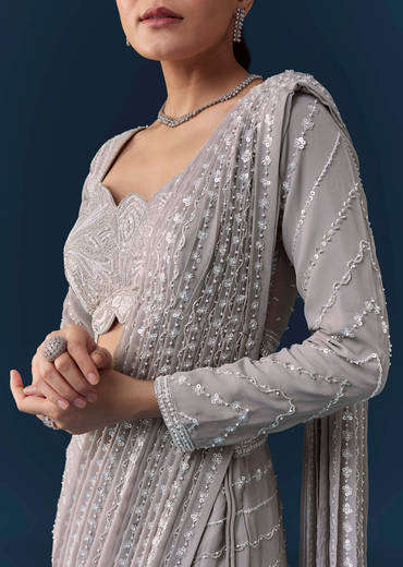 Grey Ready Pre Pleated Saree with Resham Blouse
