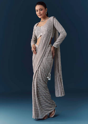 Grey Ready Pre Pleated Saree with Resham Blouse