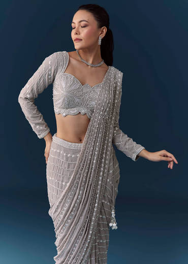 Grey Ready Pre Pleated Saree with Resham Blouse