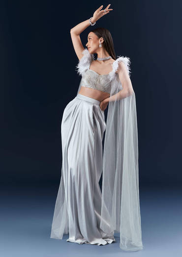 Grey Satin Crop Top And Skirt Set With Hand Embroidery