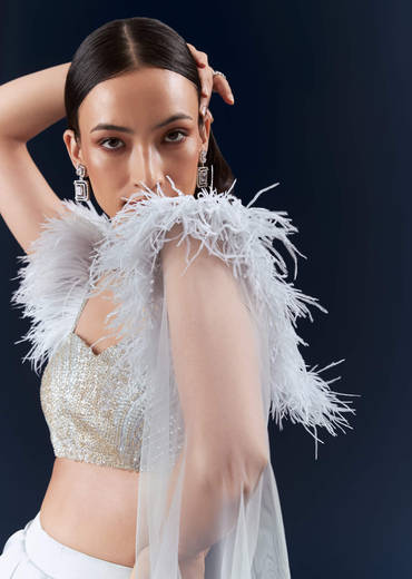 Grey Satin Crop Top And Skirt Set With Hand Embroidery