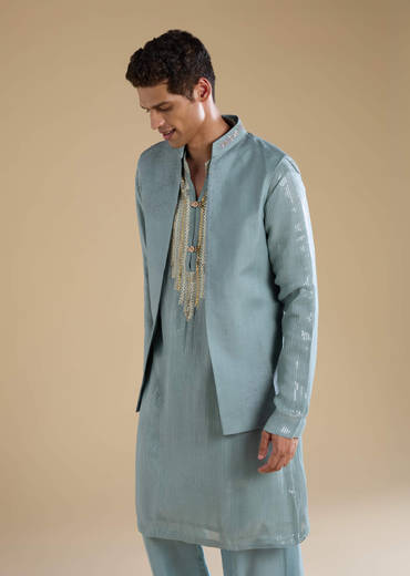 Grey Sequin Embellished Kurta and Jacket Set