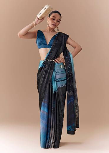 Grey Shaded Printed Satin Saree with Blouse Fabric
