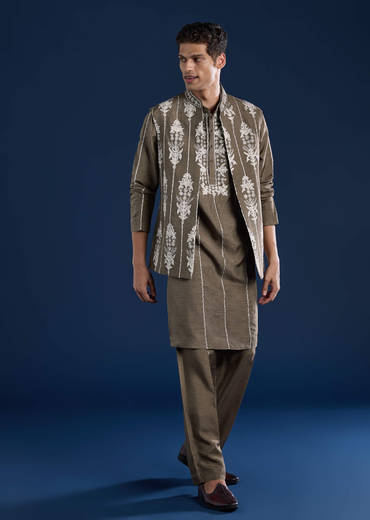 Grey Silk Jacket Kurta Set with Zari Work