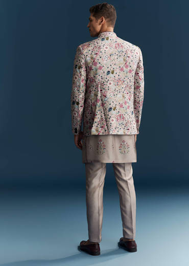 Grey Silk Kurta Jacket Set For Men With Floral Print And Sequins