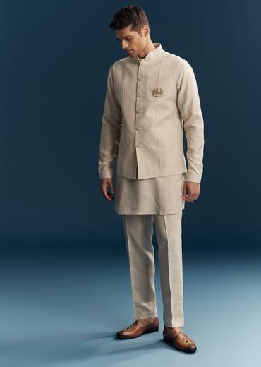 Grey Silk Kurta Jacket Set With Minimal Thread Detail