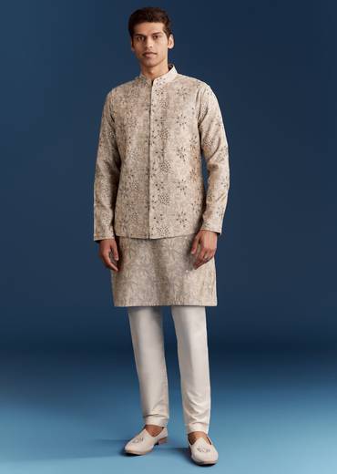 Grey Silk Kurta Jacket Set With Sequins And Moti Detailing