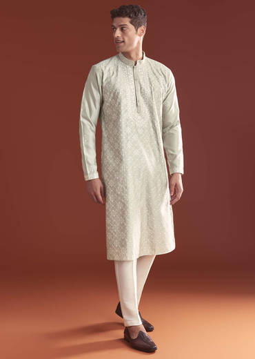 Grey Silk Kurta Set For Men With Resham Embroidery