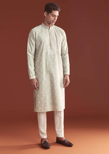 Grey Silk Kurta Set For Men With Resham Embroidery