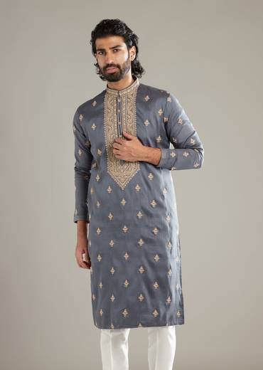 Grey Silk Kurta Set For Men With Resham Hand Embroidery