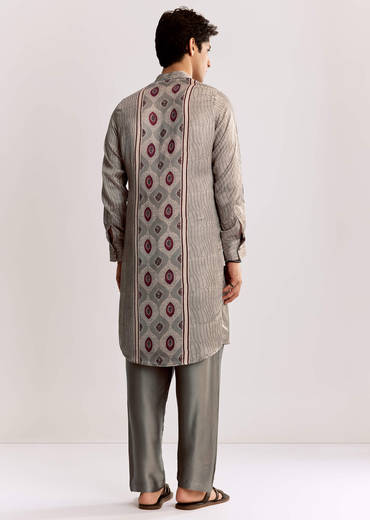 Grey Ajrakh Printed Kurta Set In Silk