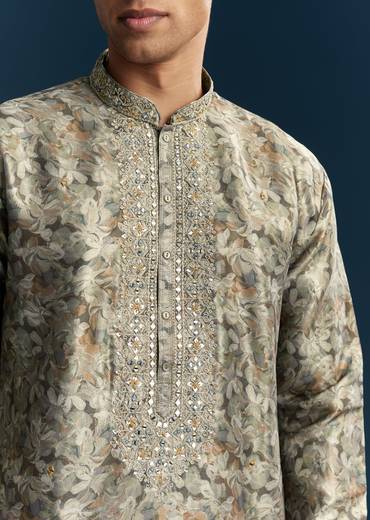 Grey Silk Kurta Set With Thread And Mirror Work