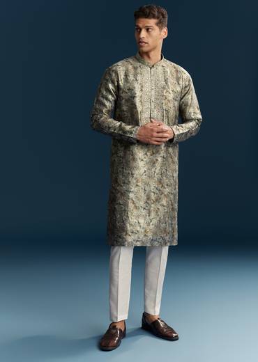 Grey Silk Kurta Set With Thread And Mirror Work