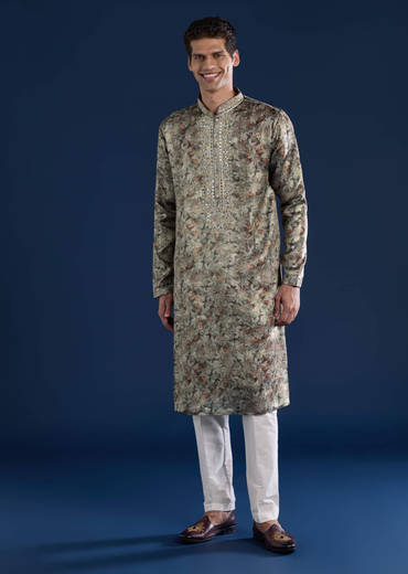 Grey Silk Mirror Work Mens Kurta and Pant Set