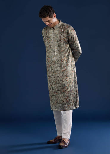 Grey Silk Mirror Work Mens Kurta and Pant Set