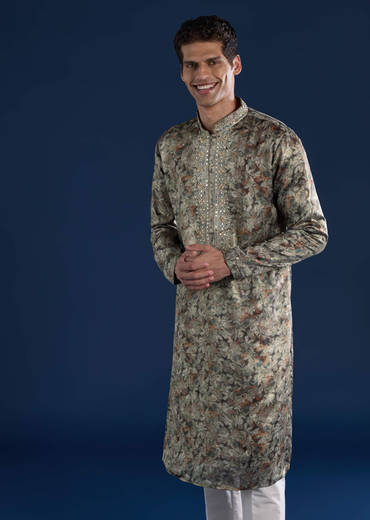 Grey Silk Mirror Work Mens Kurta and Pant Set
