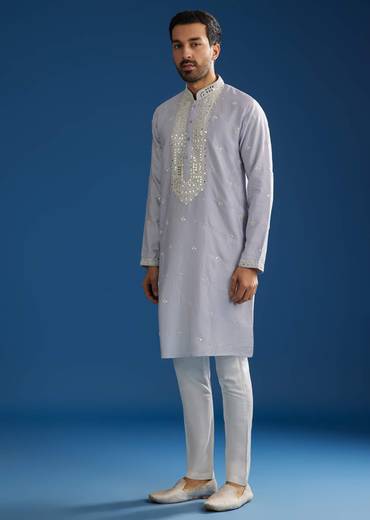 Grey Silk Mirrorwork Kurta Set With Threaded Yoke