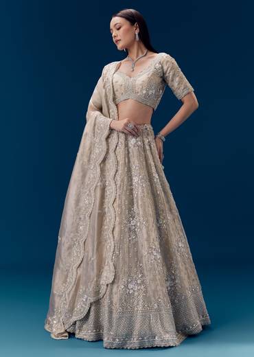 Grey Silk Sequin Embellished Bridal Lehenga Set