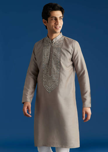 Grey Silk Yoke Mirror Gotta Work Zari Sequins Kurta Set