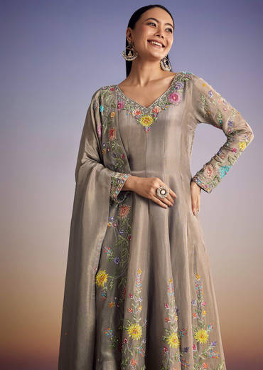 Grey Tissue Anarkali Set With Resham And Moti Work