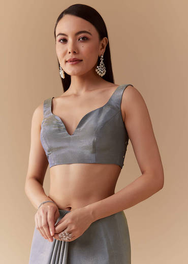 Grey Tissue Cutdana Embroidered Saree with Unstitched Blouse